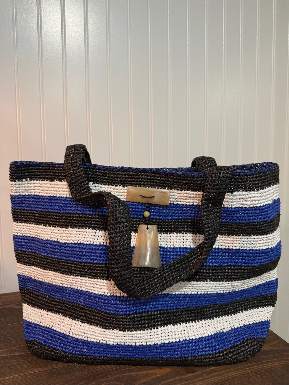 Woven Striped Tote Bag in Blue, Black & White